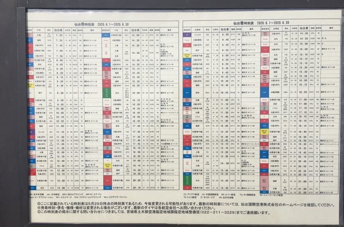 仙台臨空公園にある飛行機のフライト時刻表