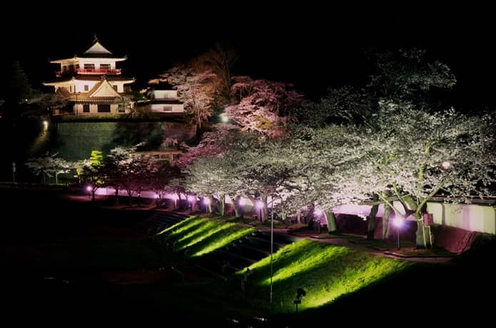 涌谷城と桜のライトアップ